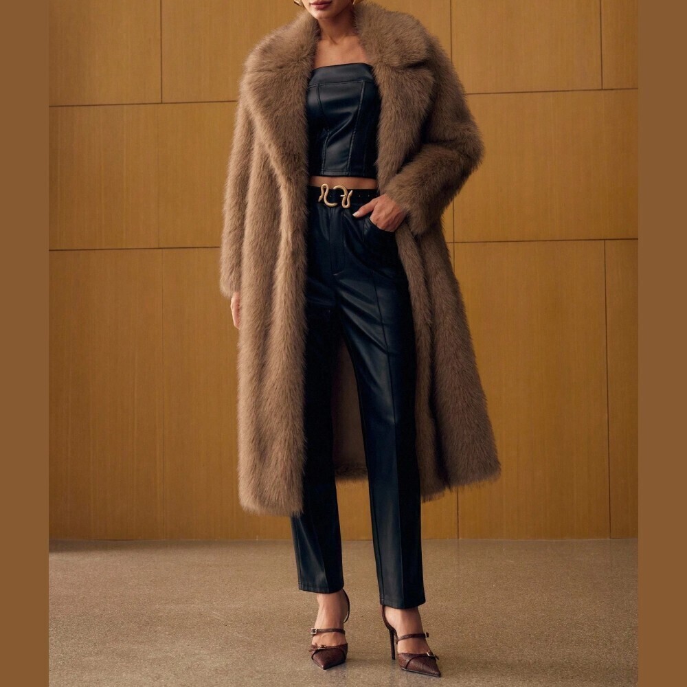 Taupe Brown Faux Fur Oversized Lapel Collar Midi Coat